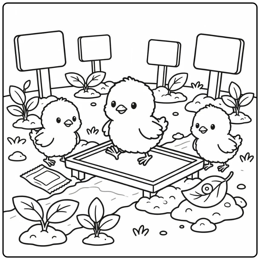 Chicks coloring page with garden bridge and cute chicks