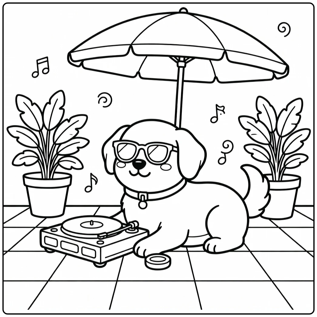 Cool dog in shades by record player on patio, cool Dog coloring pages