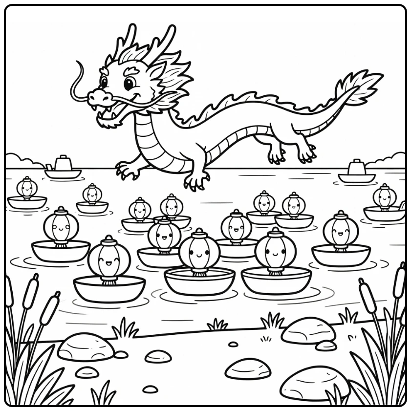 Chinese dragon coloring page flying over lantern boats