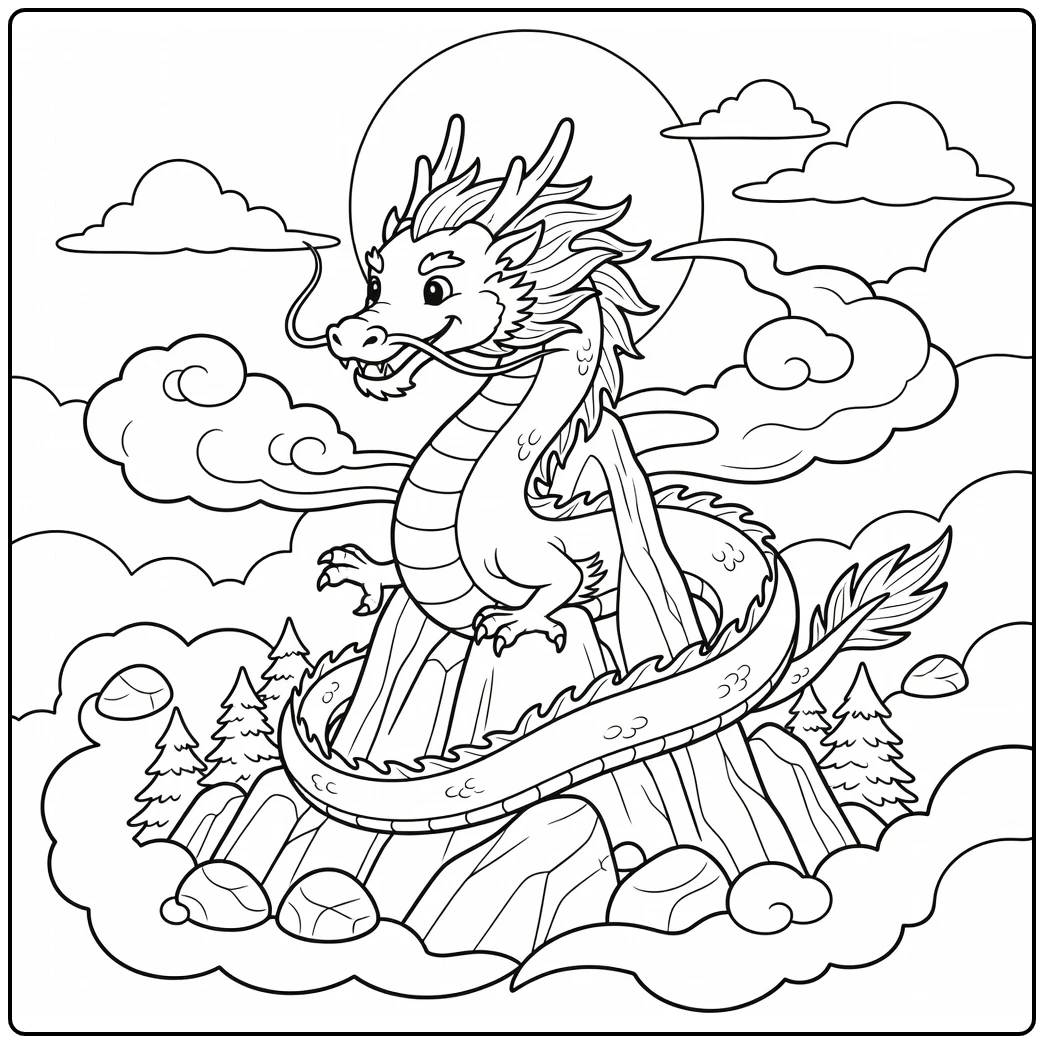 Chinese dragon coloring page spiraling mountain peak