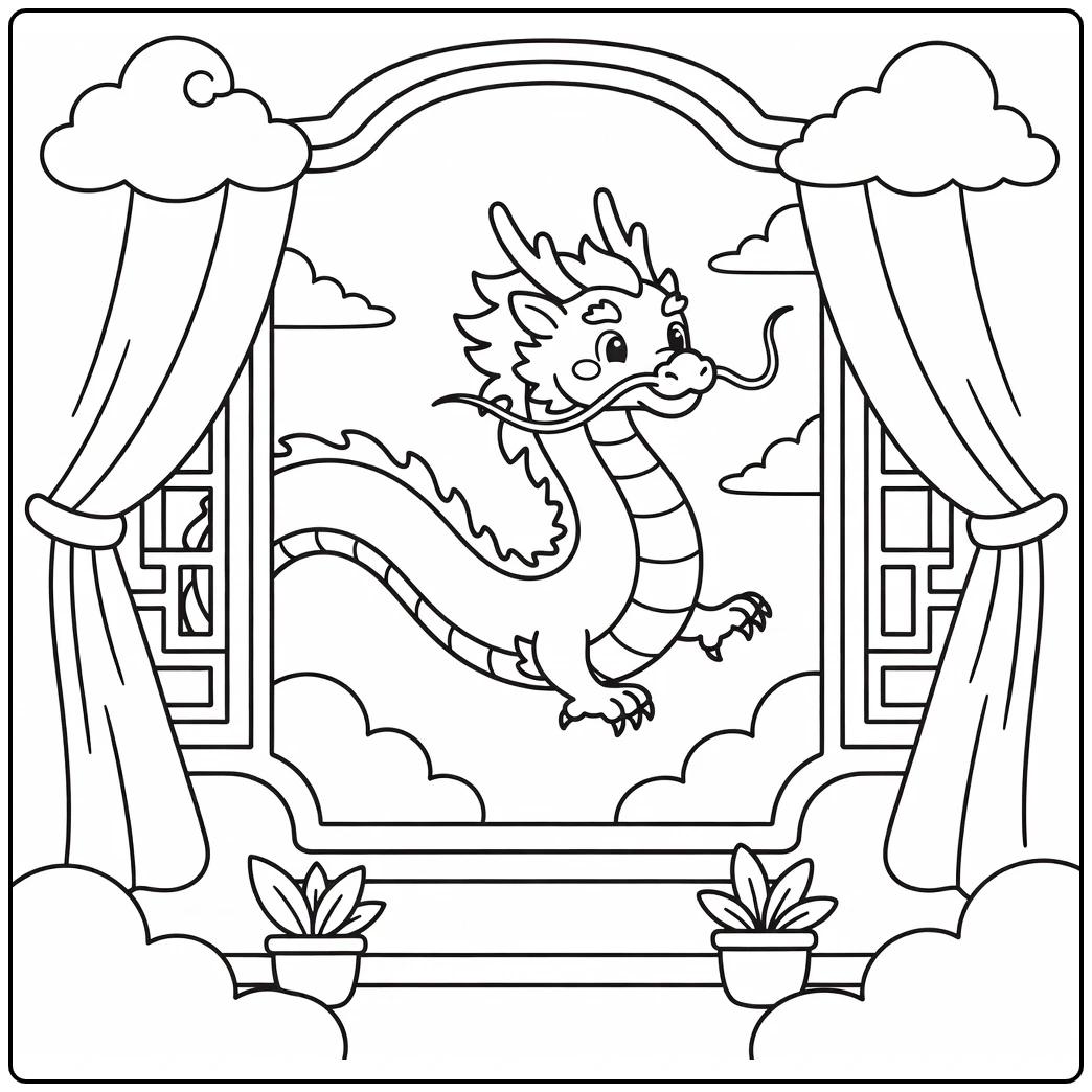 Chinese dragon coloring page gliding through ornate window