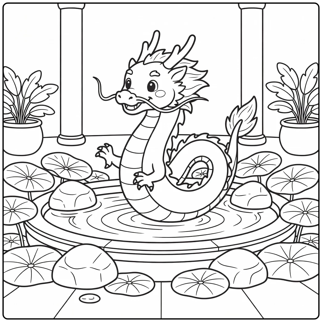 Chinese dragon coloring page rising from temple fountain