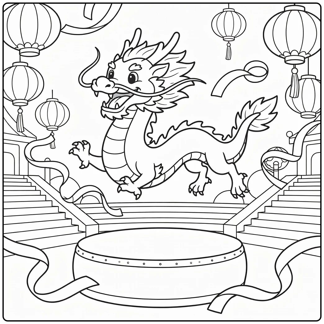 Chinese dragon coloring page leaping over festival drum