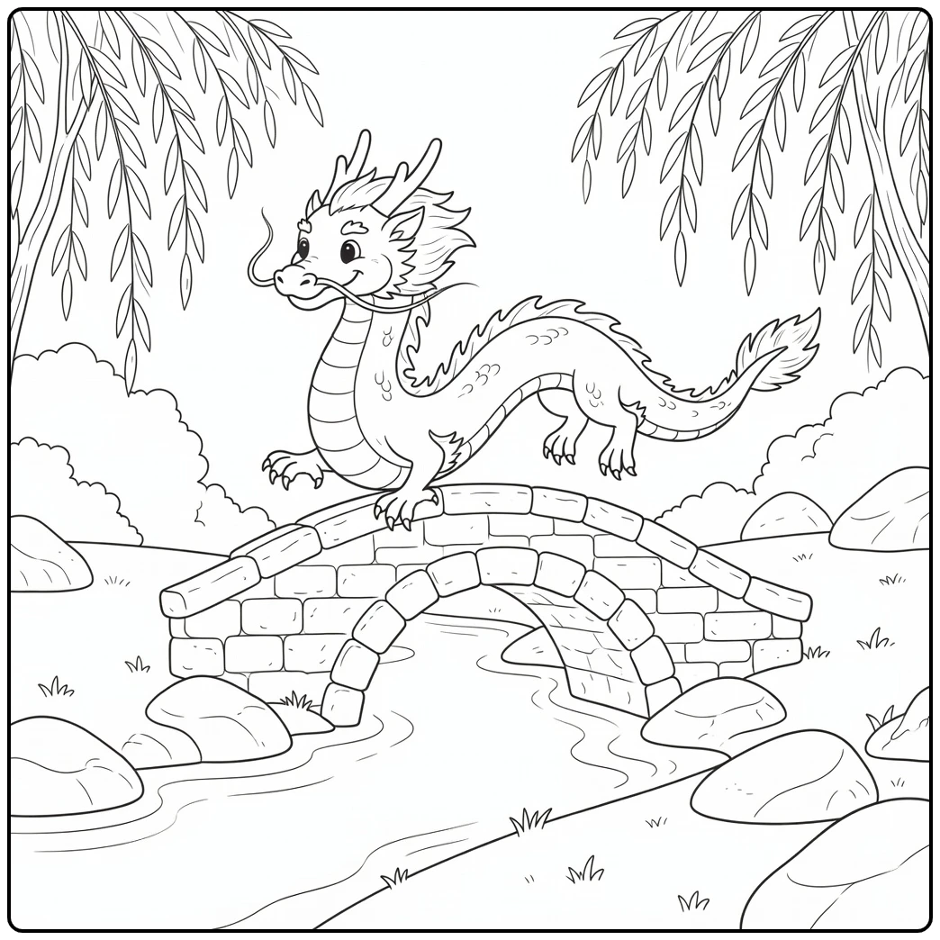 chinese dragon coloring page arching over stone bridge with river