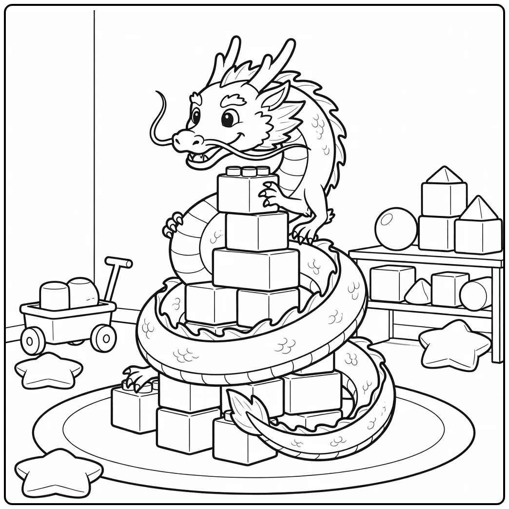 chinese dragon coloring page for kids: winding around blocks