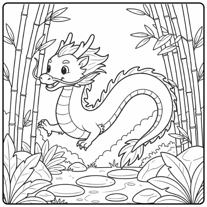 Chinese dragon coloring page diving through bamboo stalks