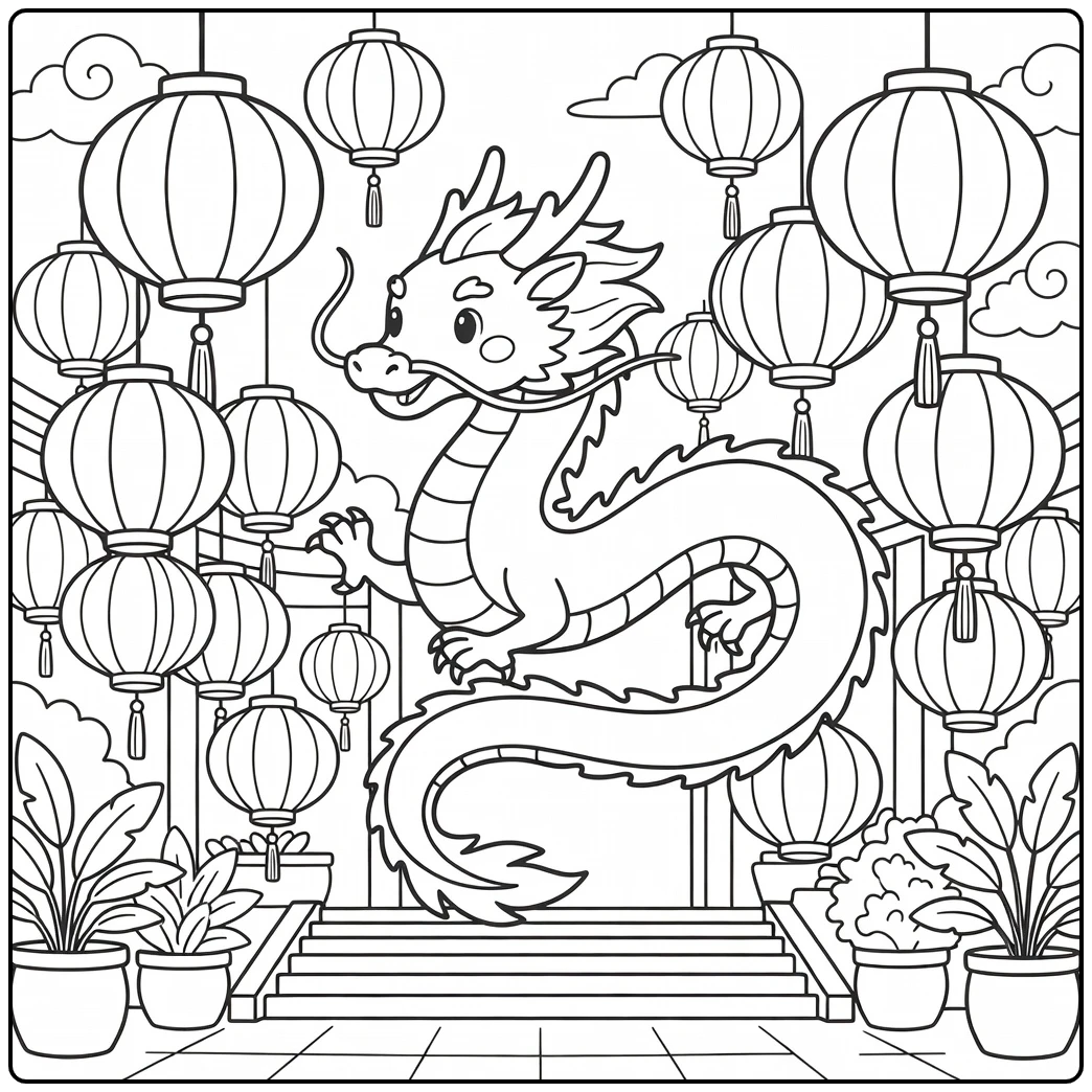 Chinese dragon coloring page winding through lanterns