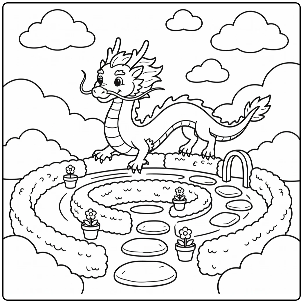 Chinese dragon coloring page gliding over garden maze path