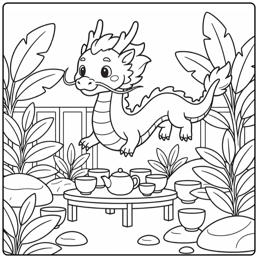 Chinese dragon coloring page descending to tea garden