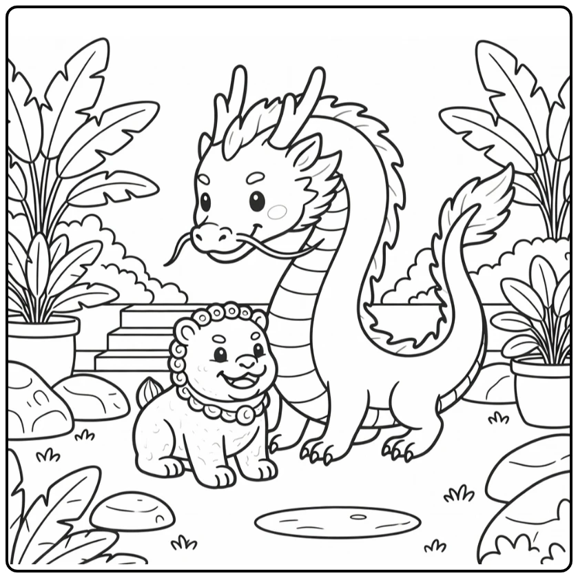 Chinese dragon coloring page: bending to inspect stone lion statue
