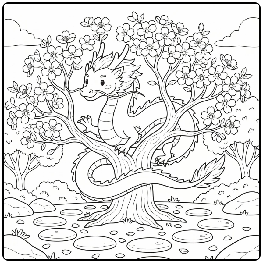 Chinese dragon coloring page circling blossom tree with flowers