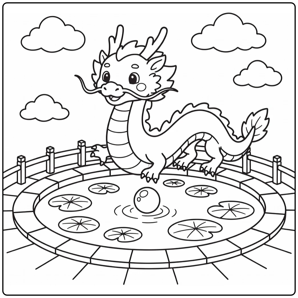 Chinese dragon coloring page looping around pond with pearl