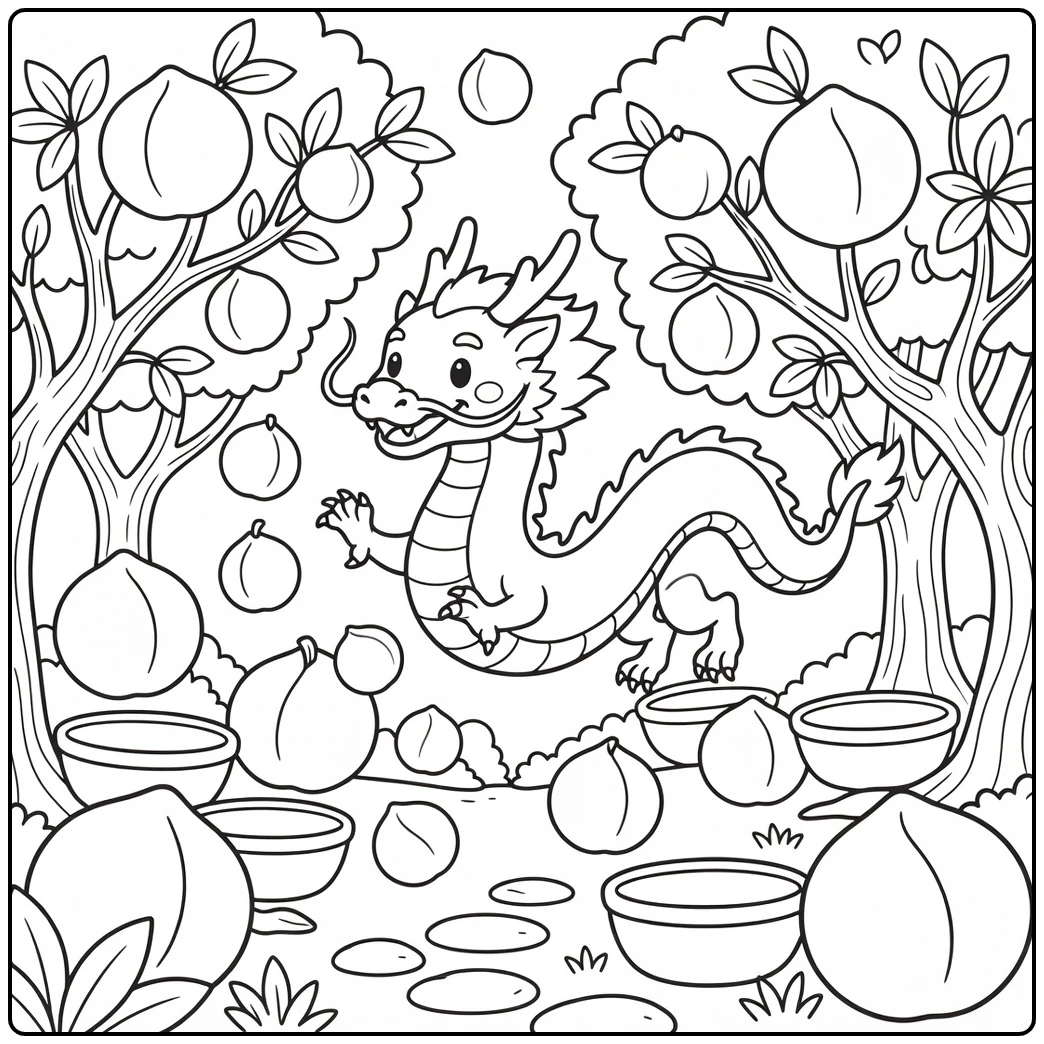 Chinese dragon coloring page chasing peaches in orchard