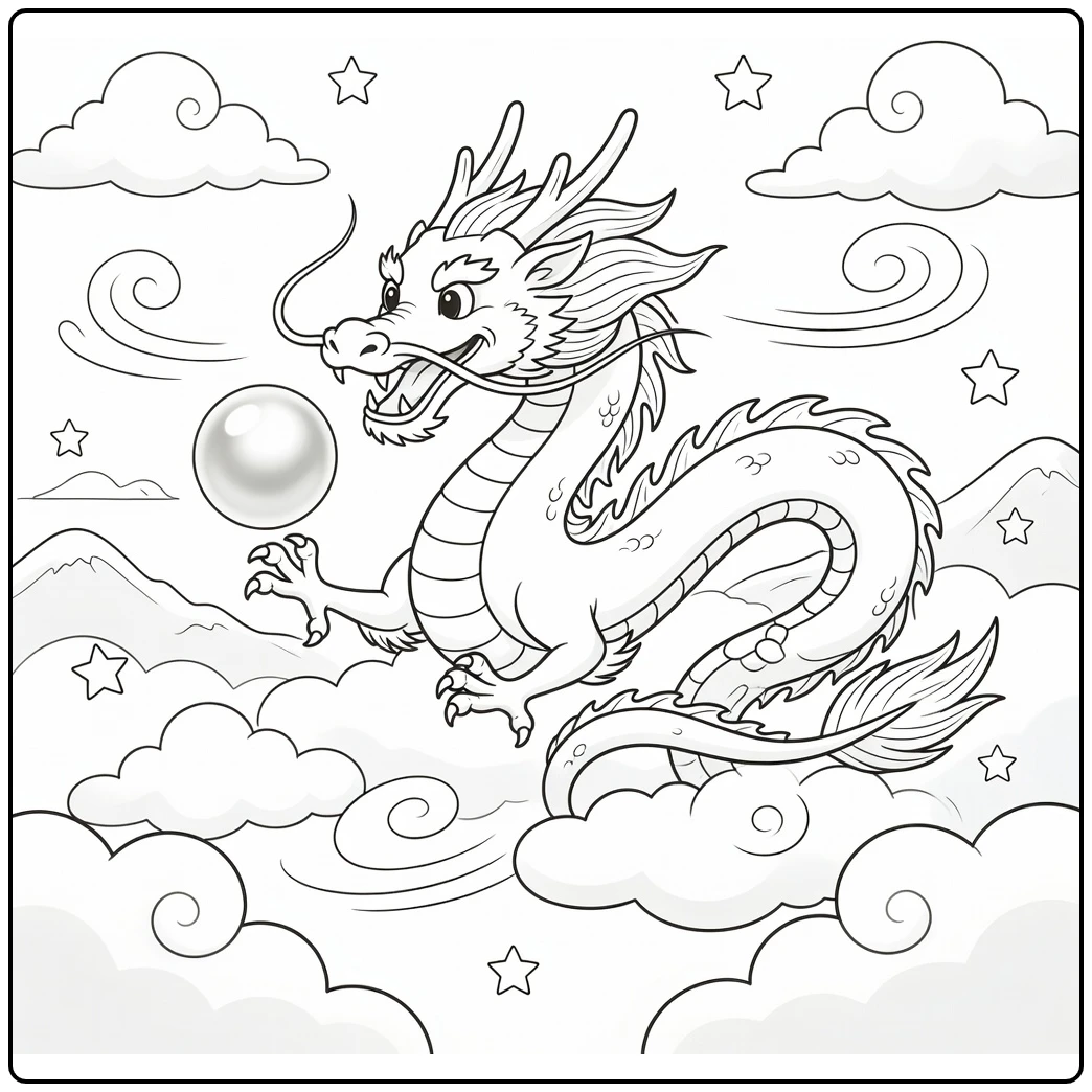 Chinese dragon coloring page chasing pearl in clouds