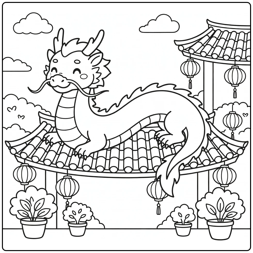 Chinese dragon coloring page: cute beast on curved rooftop