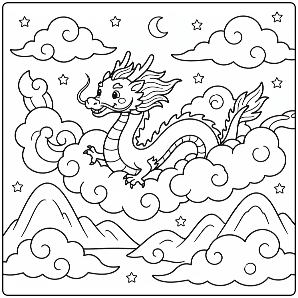 Chinese dragon coloring page weaving through scroll clouds