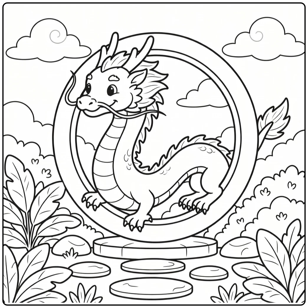 Chinese dragon coloring page twisting around garden moon gate