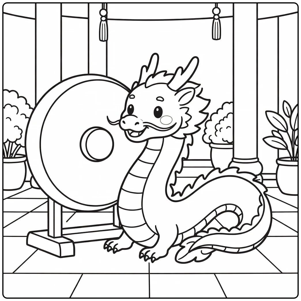 Chinese dragon coloring page coiling by large gong in courtyard