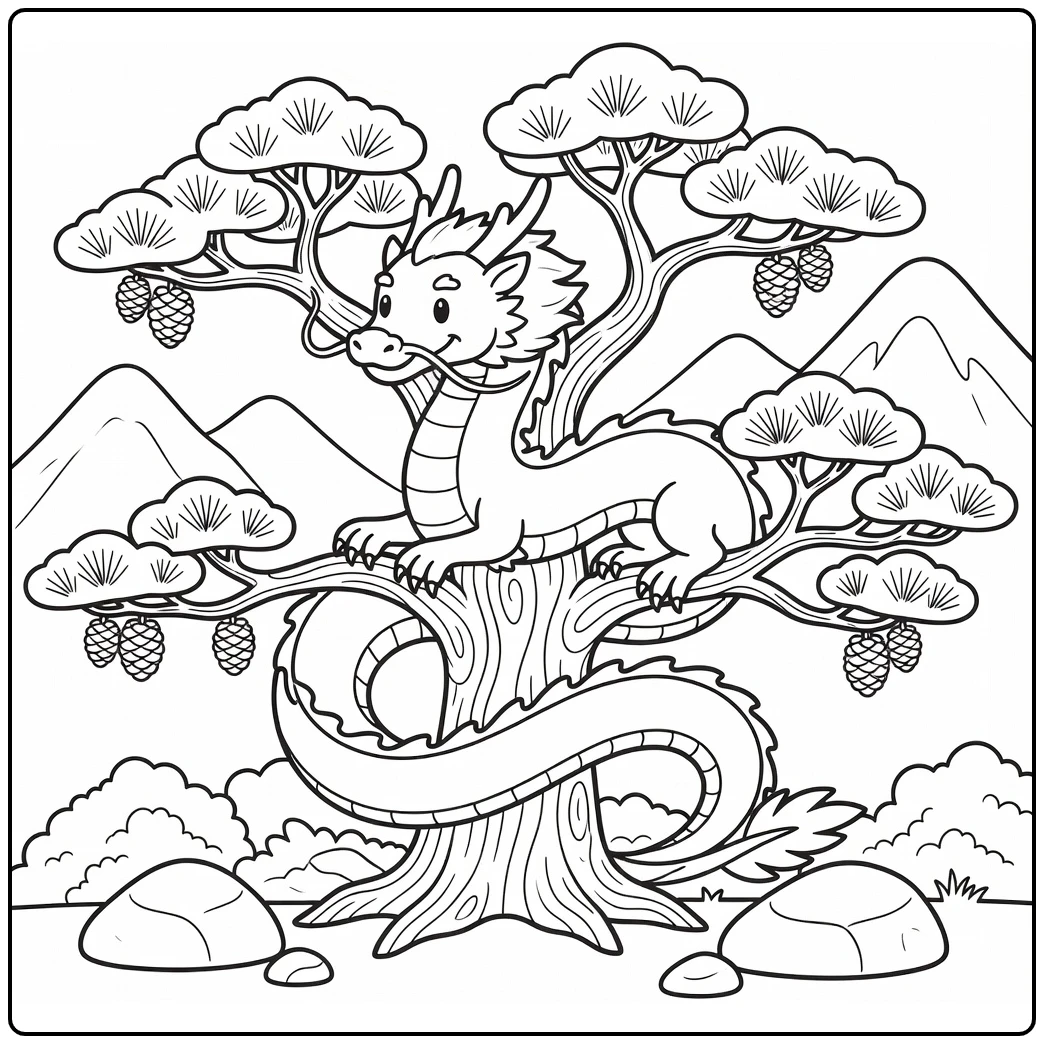 Chinese dragon coloring page coiling around mountain pine