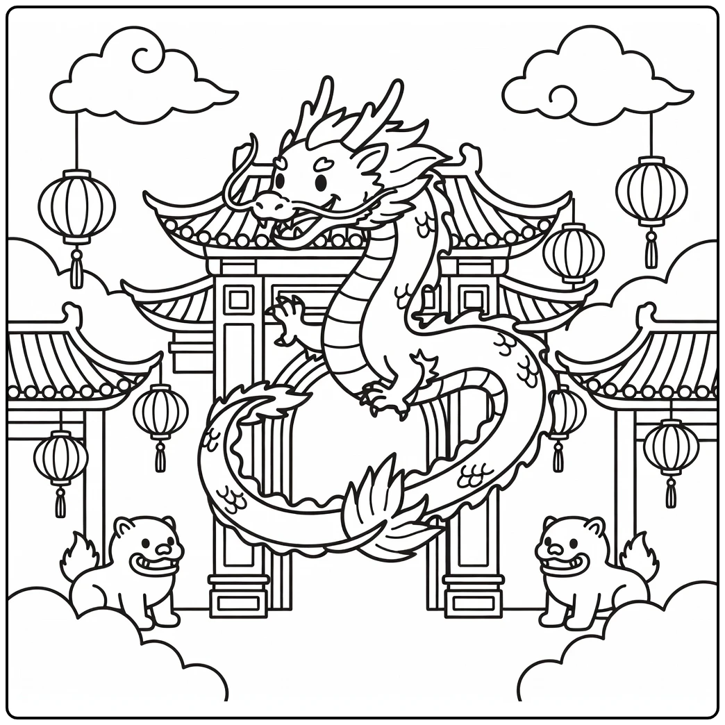Chinese dragon coloring page circling tall ceremonial gate