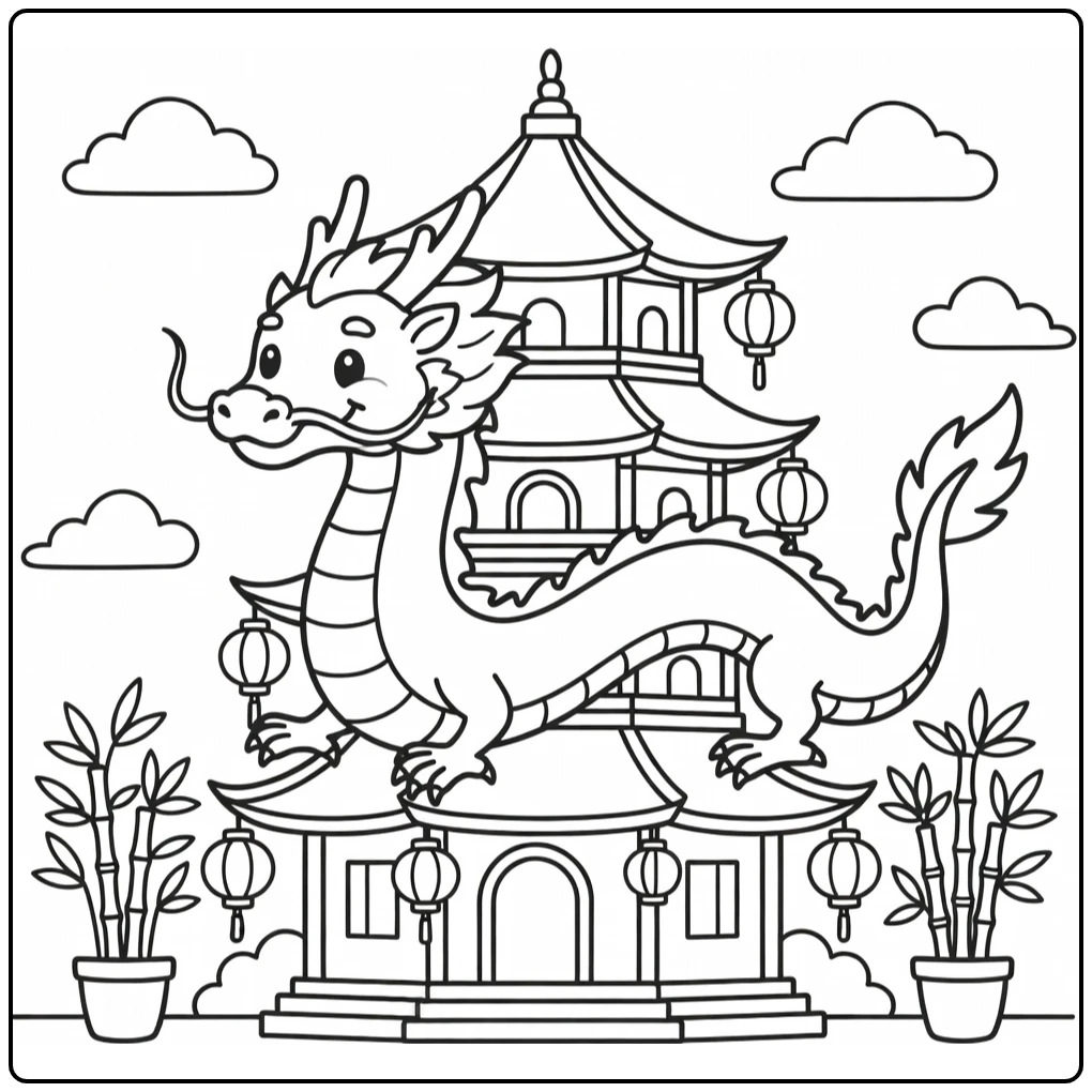 Chinese dragon coloring page coiled around pagoda roof