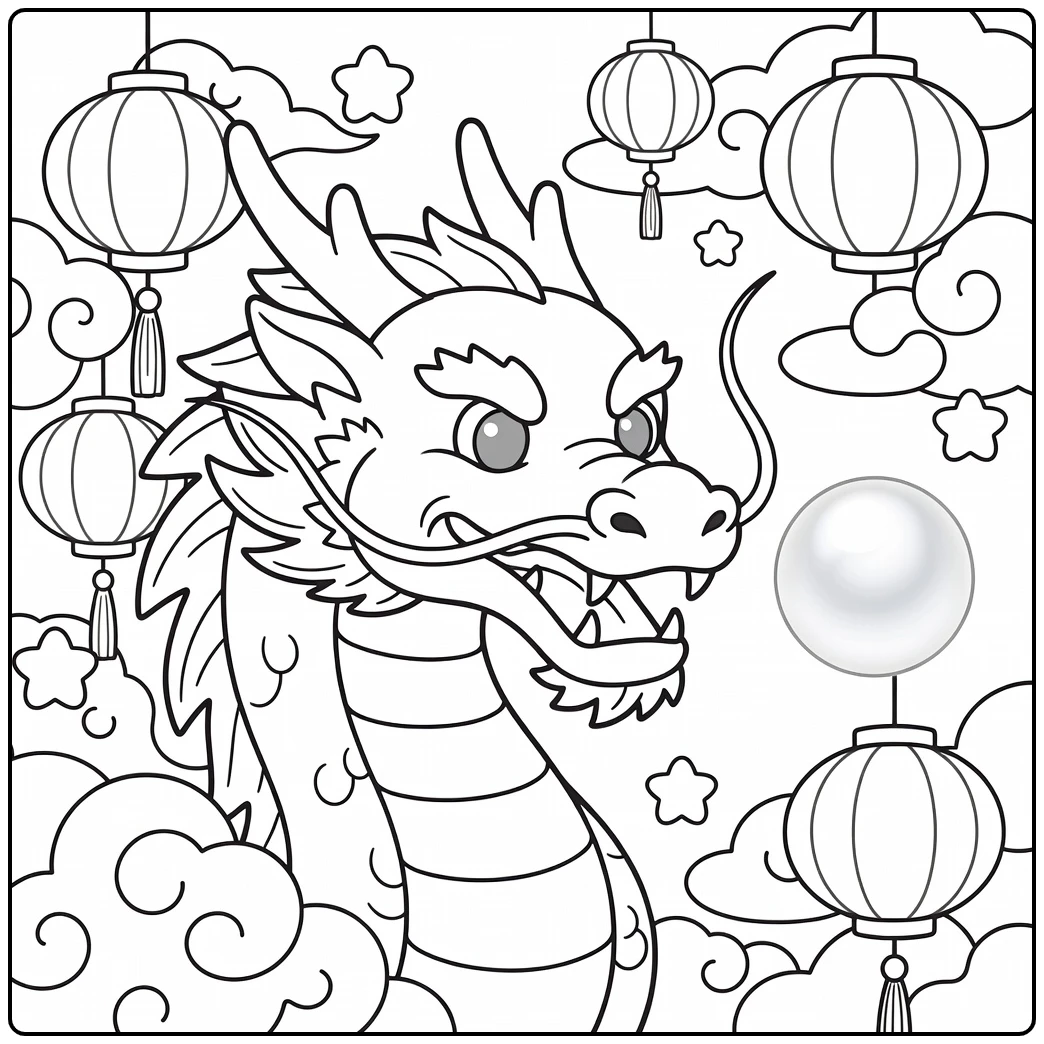 Chinese dragon head coloring page watching glowing pearl