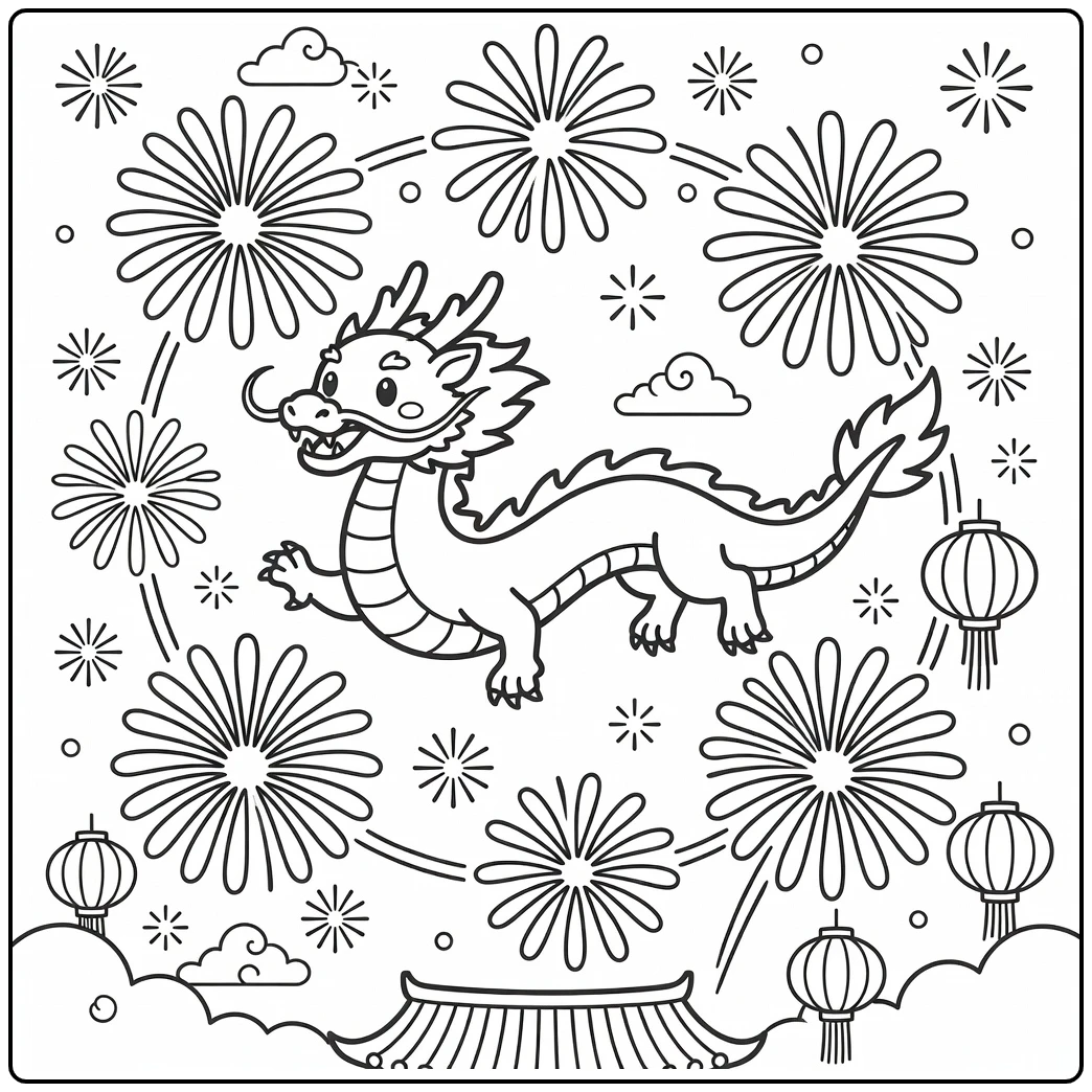 chinese dragon coloring page flying through firework ring
