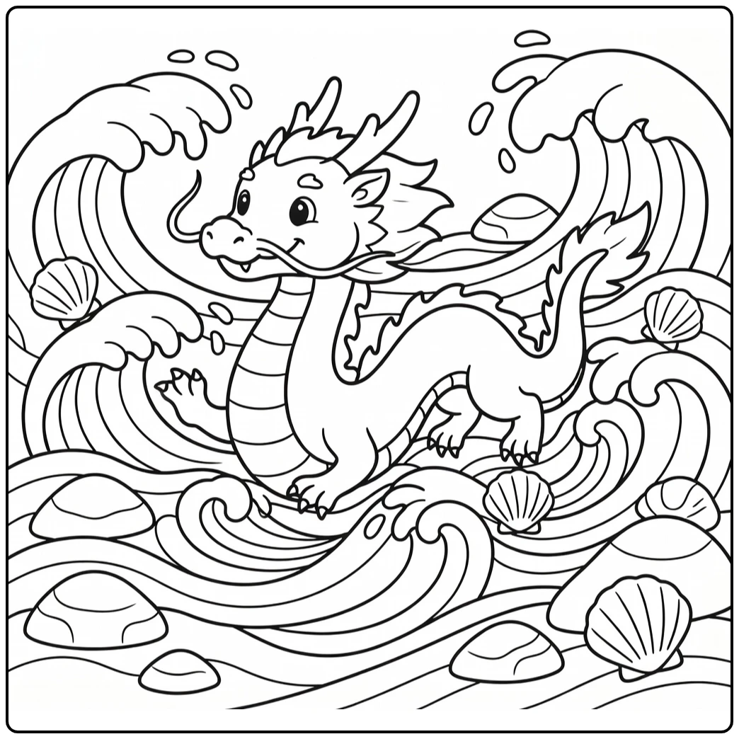 chinese dragon coloring page swimming ocean waves rocks