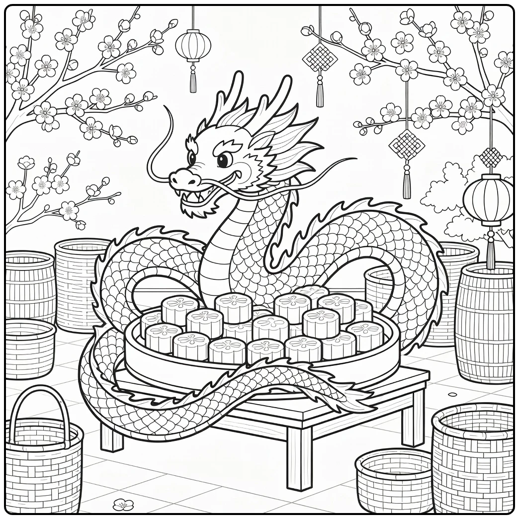 chinese new year dragon coloring page with rice cakes tray