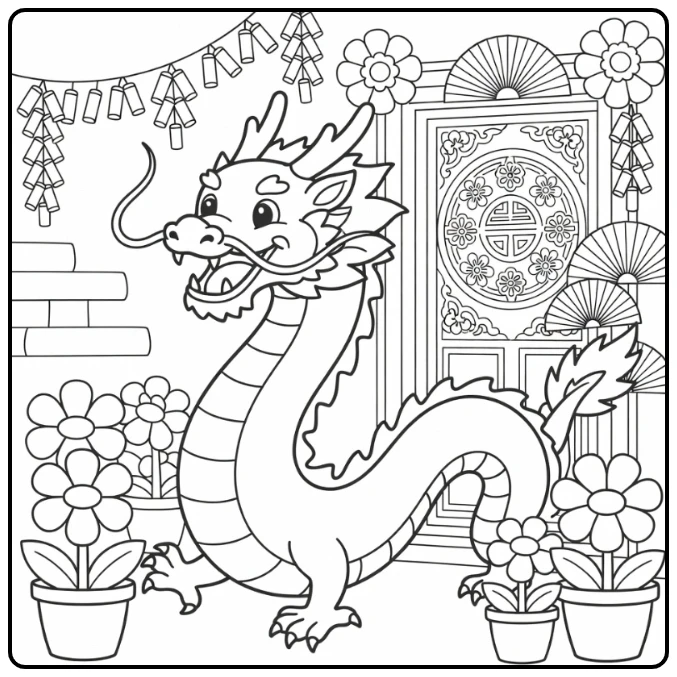 Chinese New Year dragon coloring page twisting upward by festive doorway