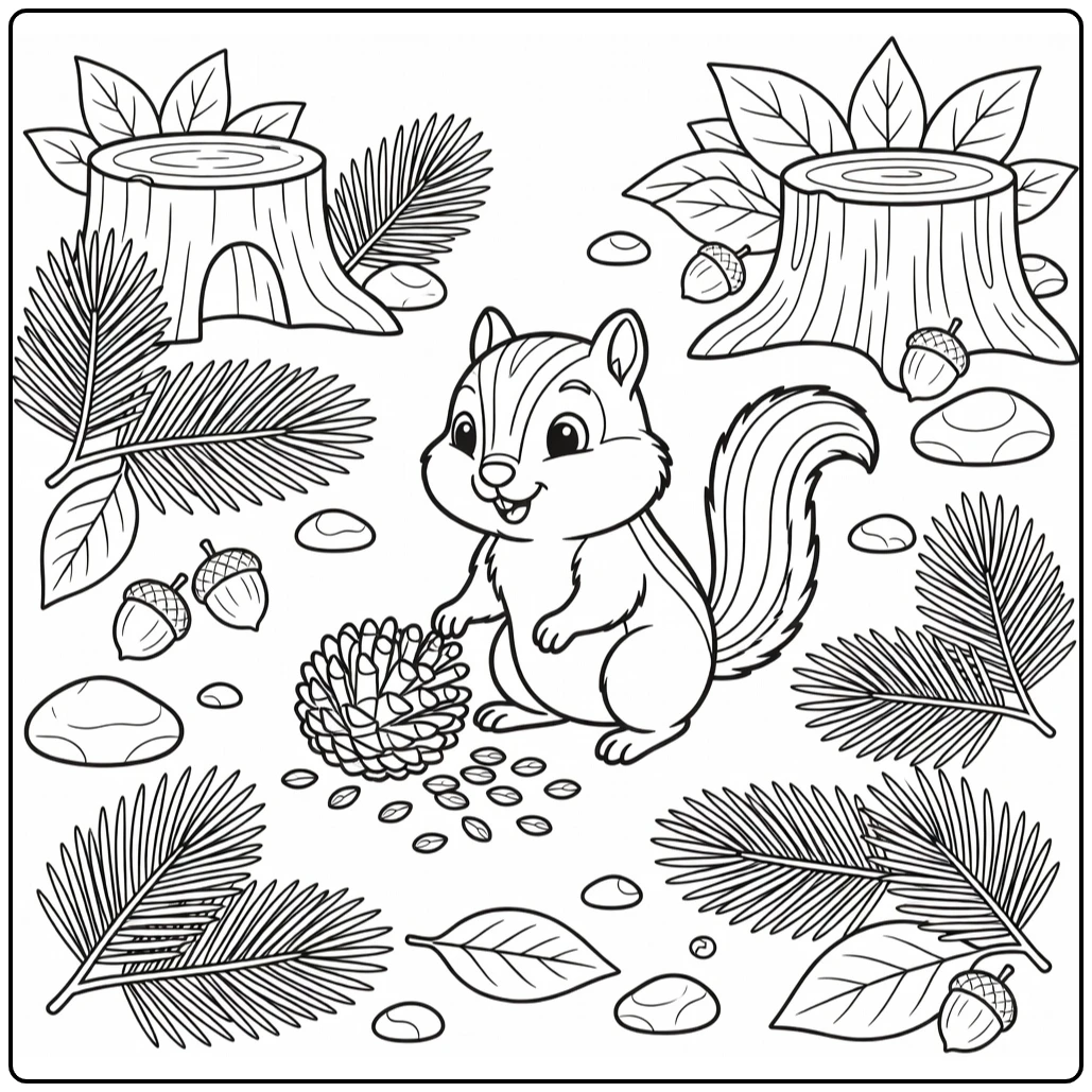 Curious chipmunk at open pinecone - forest animal coloring page for kids