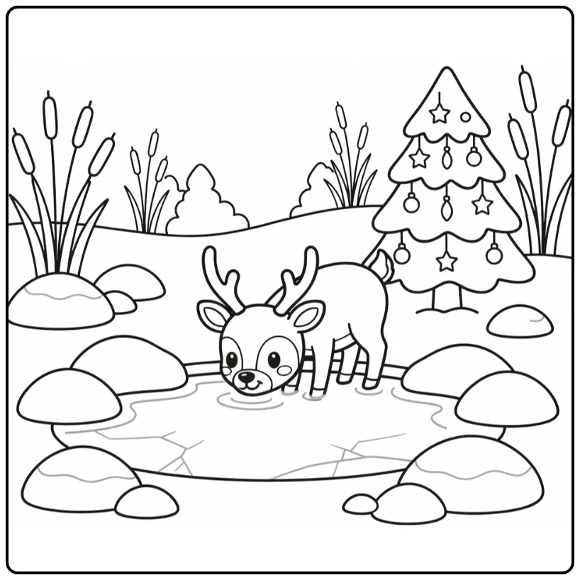 Deer drinking at frozen pond Christmas animal coloring page