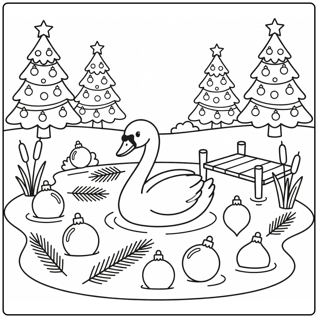 Christmas animal coloring page: swan gliding on pond with ornaments