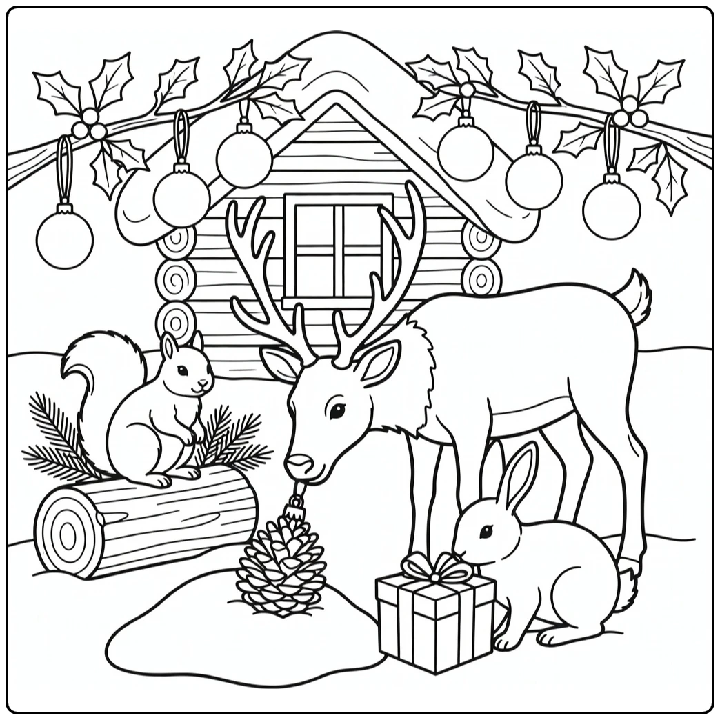 Christmas animal coloring page with reindeer rabbit