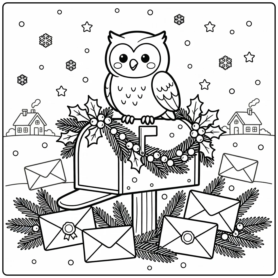 Cute owl on garland mailbox christmas animal coloring page