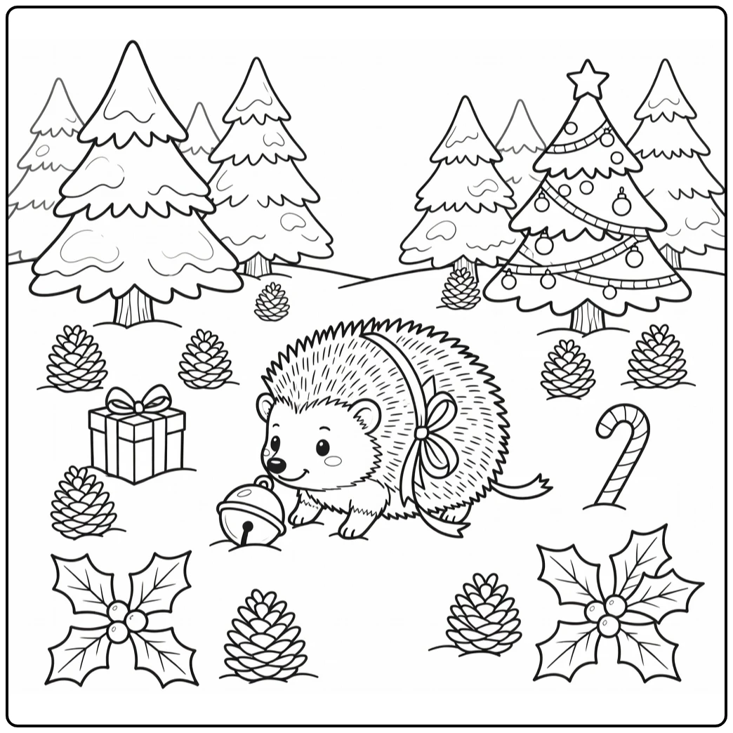 Christmas baby animals coloring pages: hedgehog in snow