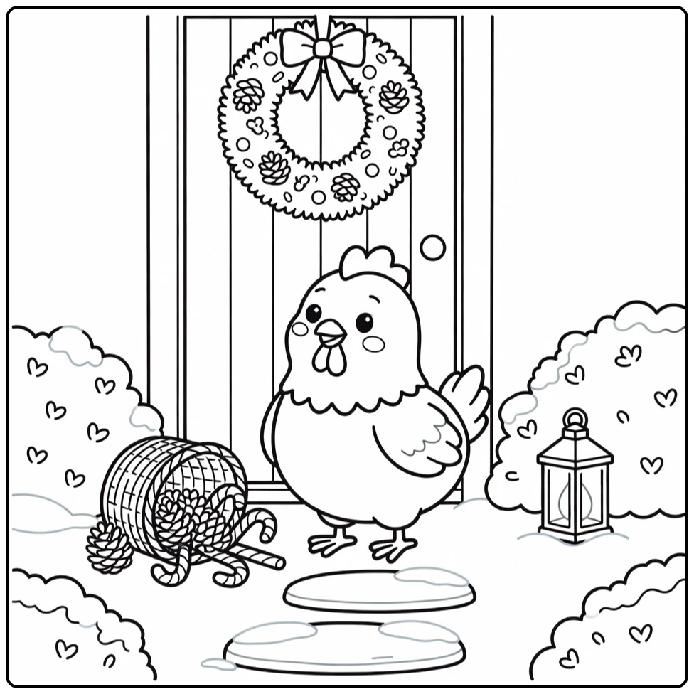 christmas chicken coloring page with wreath and candy canes