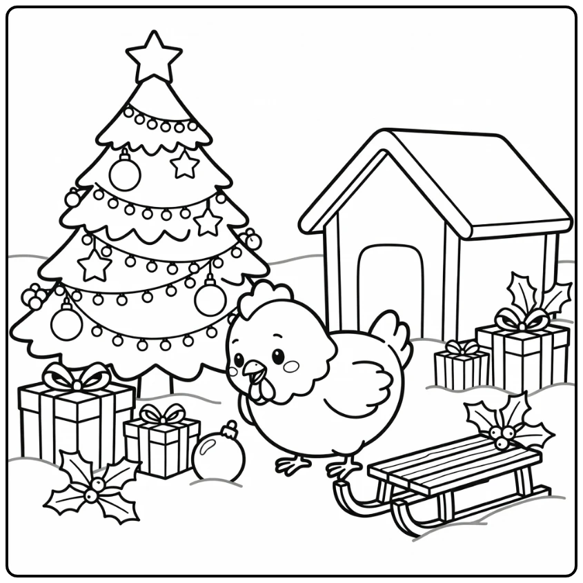 Christmas chicken coloring page in snowy holiday farmyard