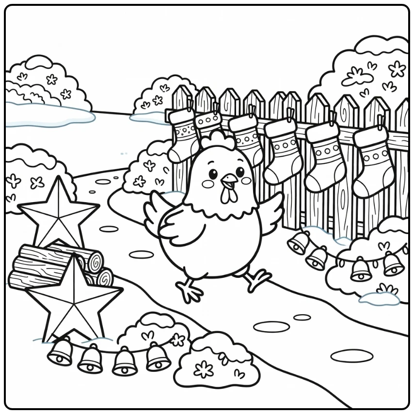Playful Christmas Chicken Coloring Page in snowy garden