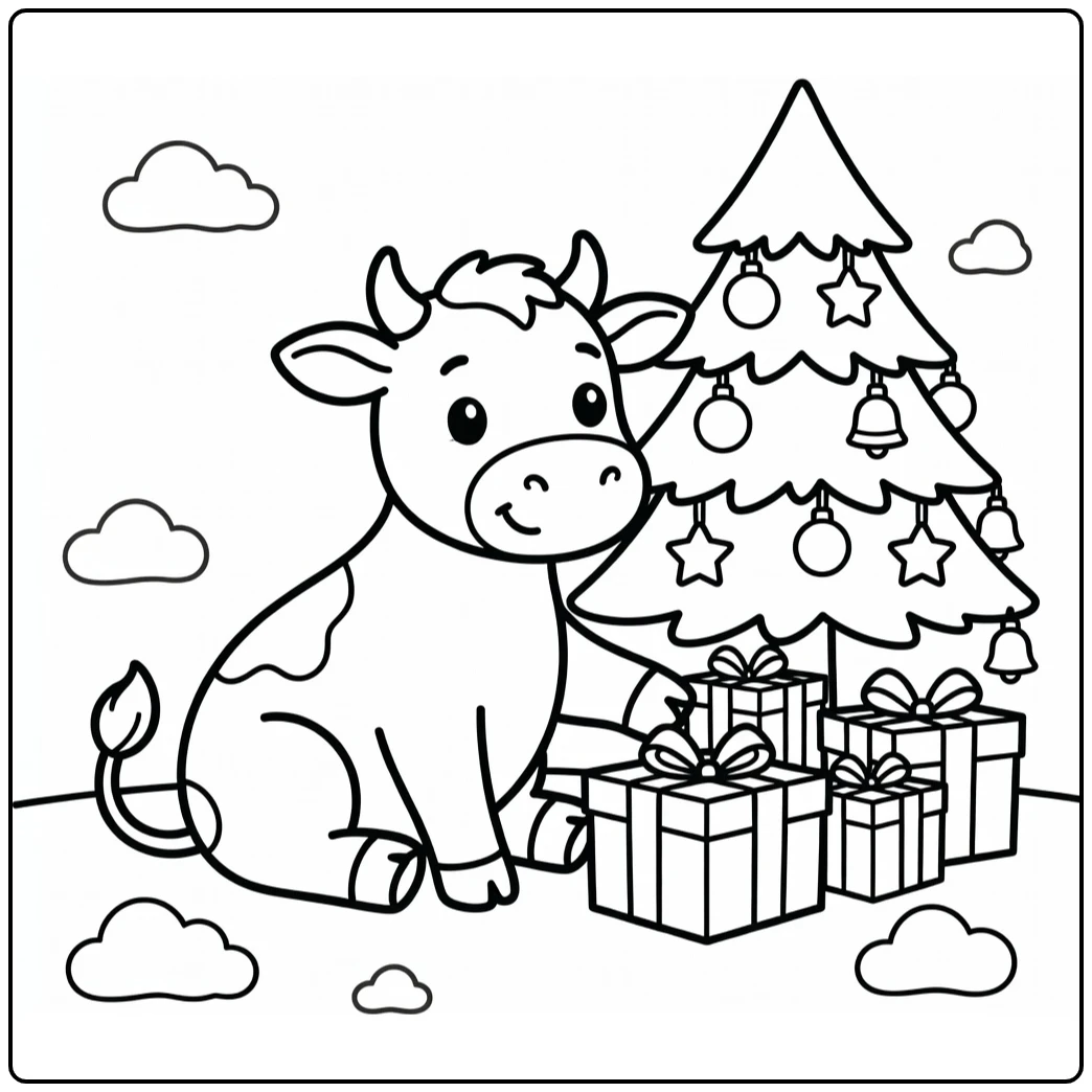 christmas cow coloring pages: cow pushes gift by tree