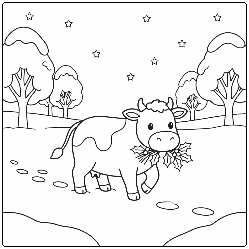Christmas cow coloring pages: cow in snowy field with greenery