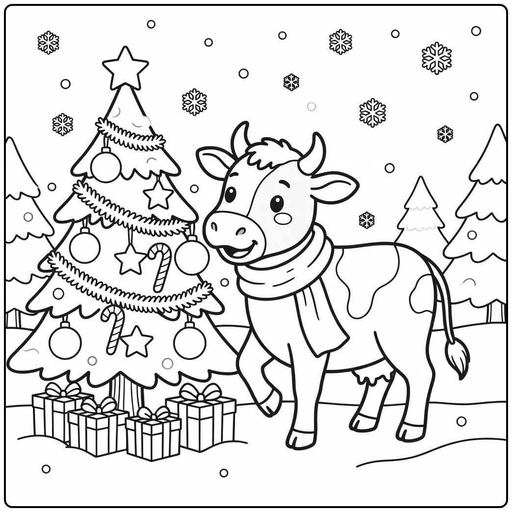 Christmas cow coloring pages: cow nudges tree ornament