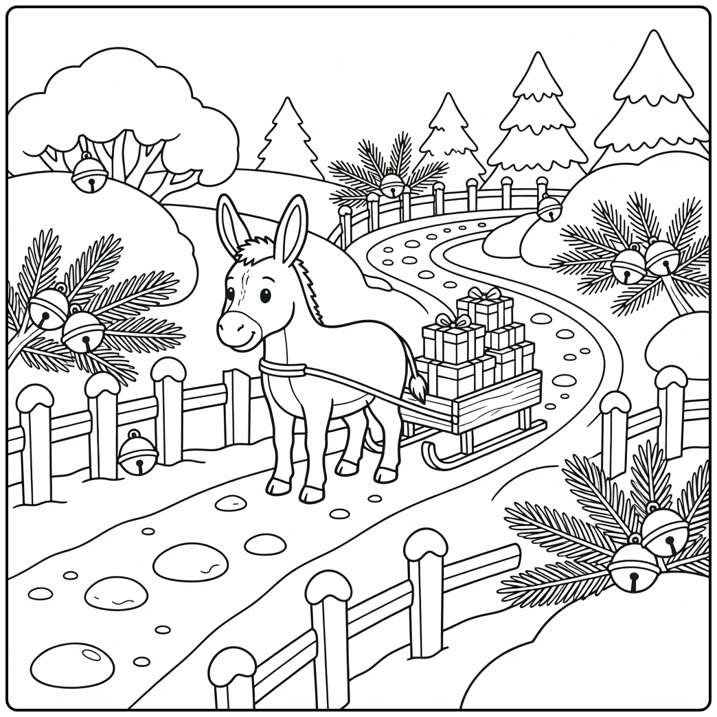 christmas donkey coloring page with sled gifts and winter path
