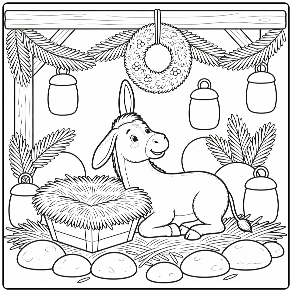 christmas donkey coloring page by manger and wreath