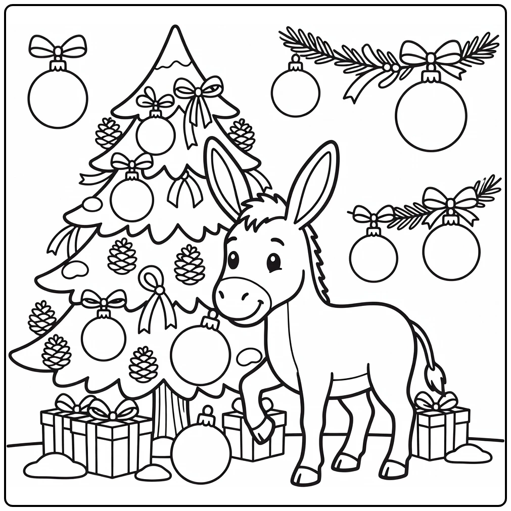 Christmas donkey coloring page nudging ornament by tree