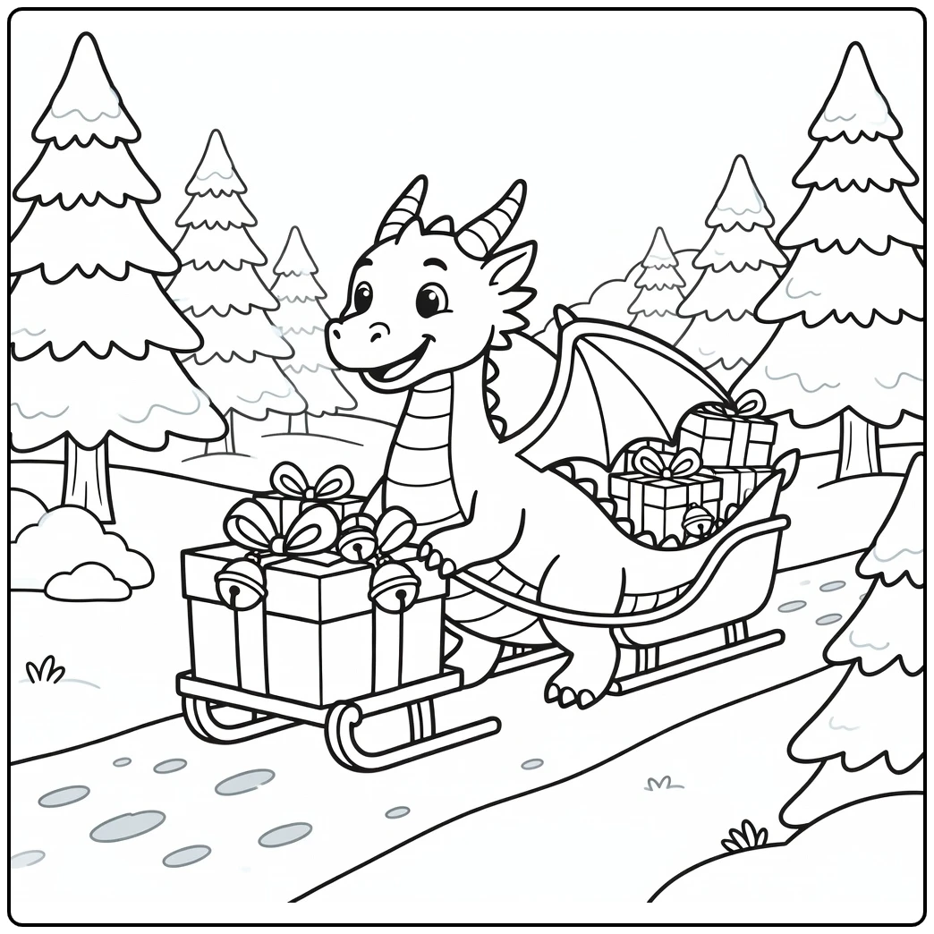 Christmas dragon coloring page pulling sleigh with gifts in snow