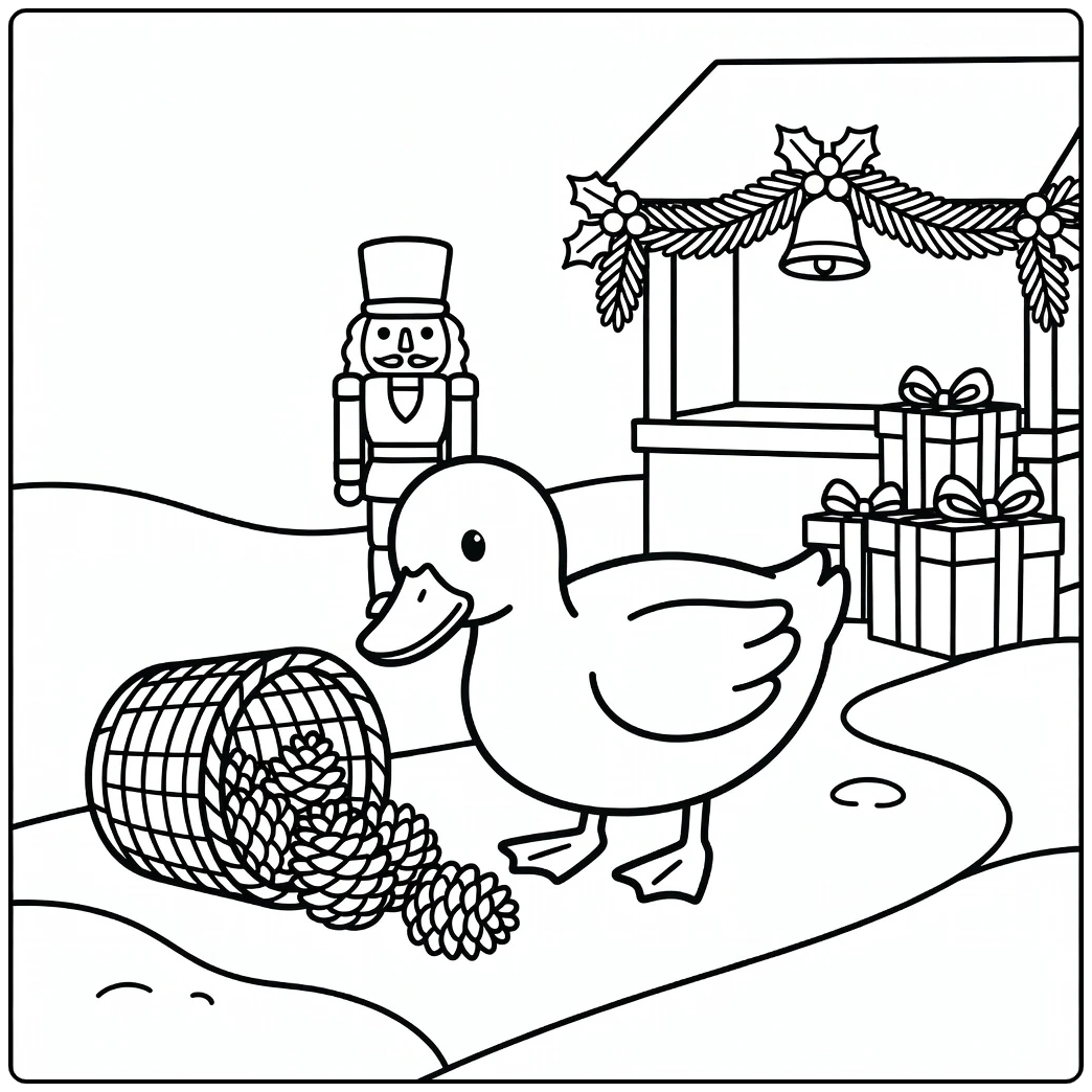 Christmas duck coloring page in festive holiday market