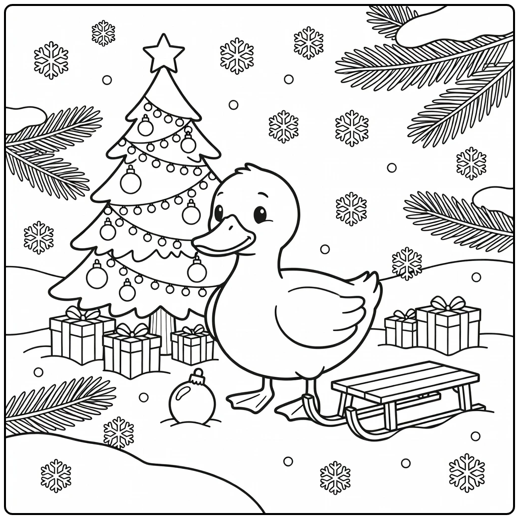 christmas duck coloring page with tree and snowy gifts