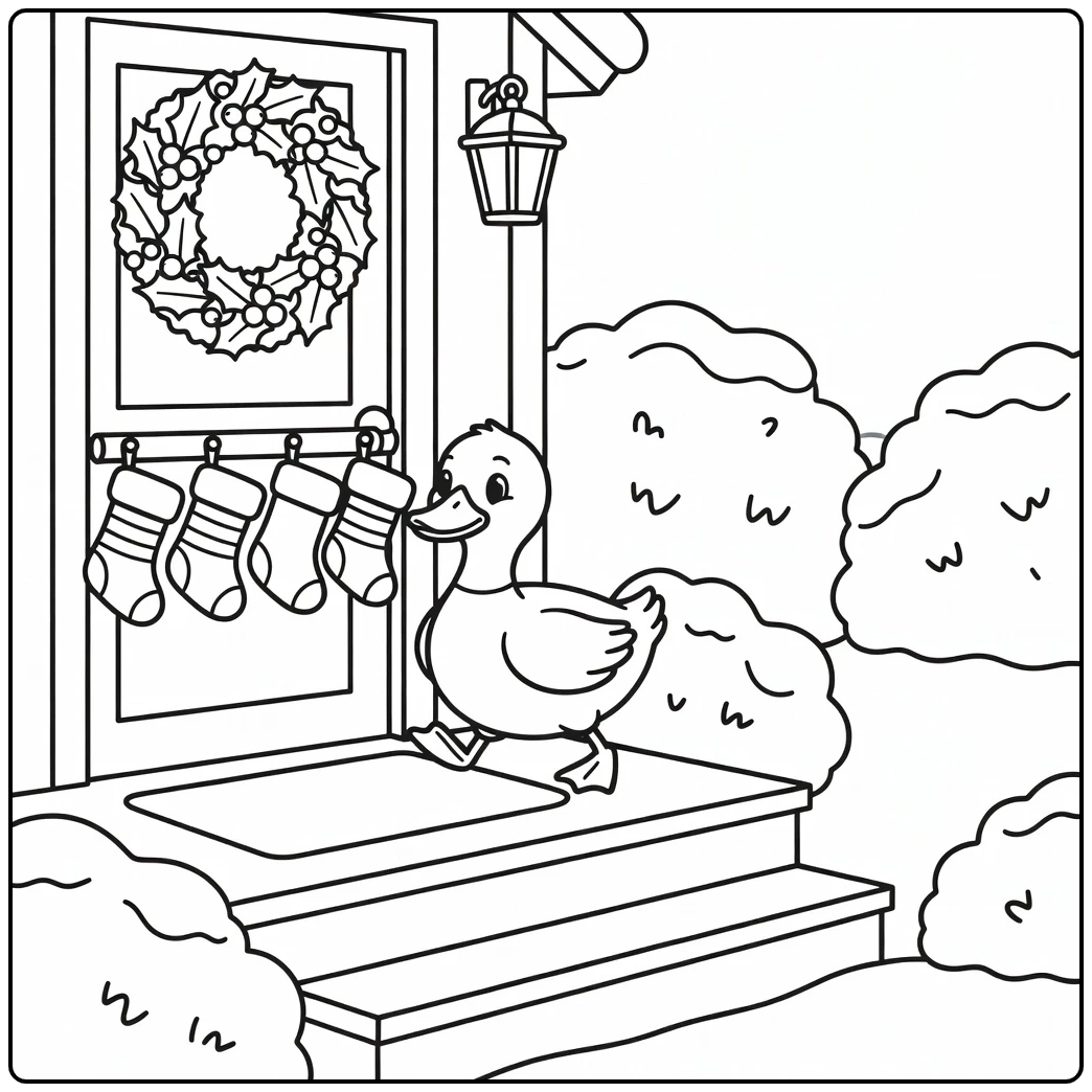 Printable Christmas Duck Coloring Page with Cozy Porch