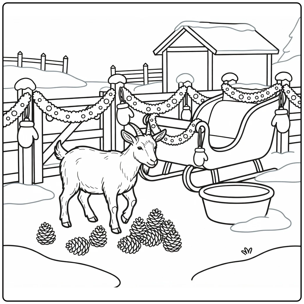 Christmas farm animal coloring page featuring goat and sleigh